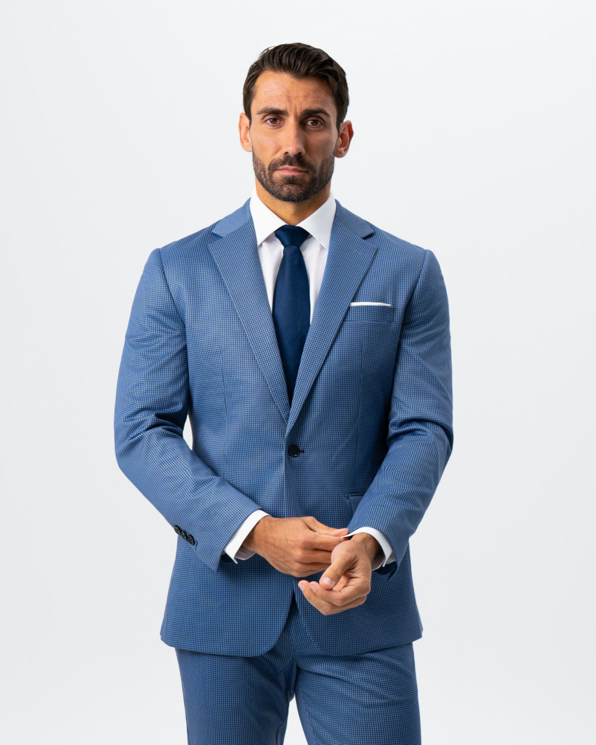 Athletic Fit Stretch Suit - Steel Blue Houndstooth