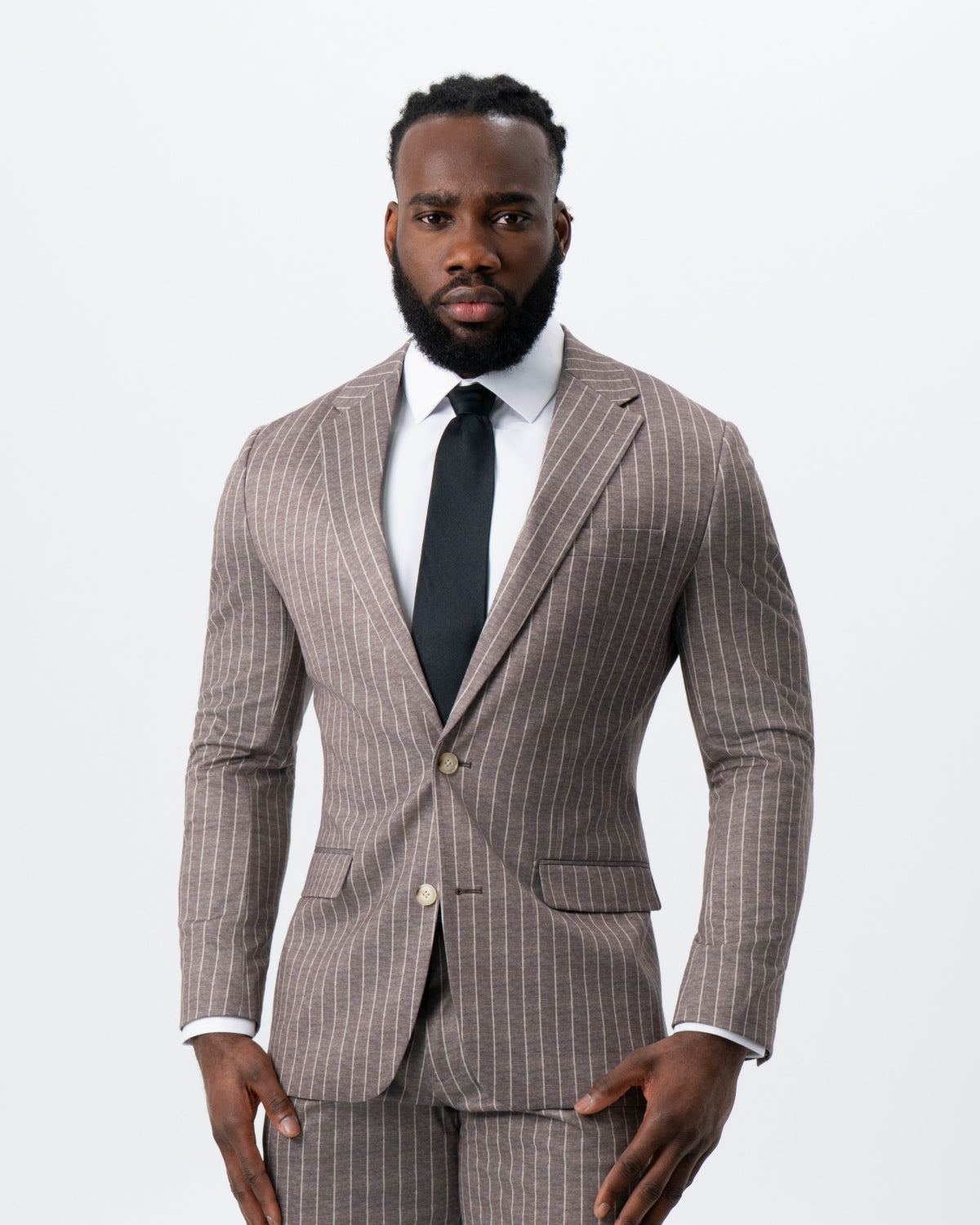 Athletic Fit Stretch Suit - Textured Light Brown with Cream Stripe