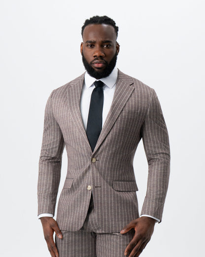 Athletic Fit Stretch Suit - Textured Light Brown with Cream Stripe