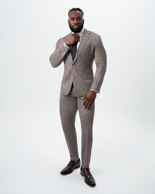 Athletic Fit Stretch Suit - Textured Light Brown with Cream Stripe