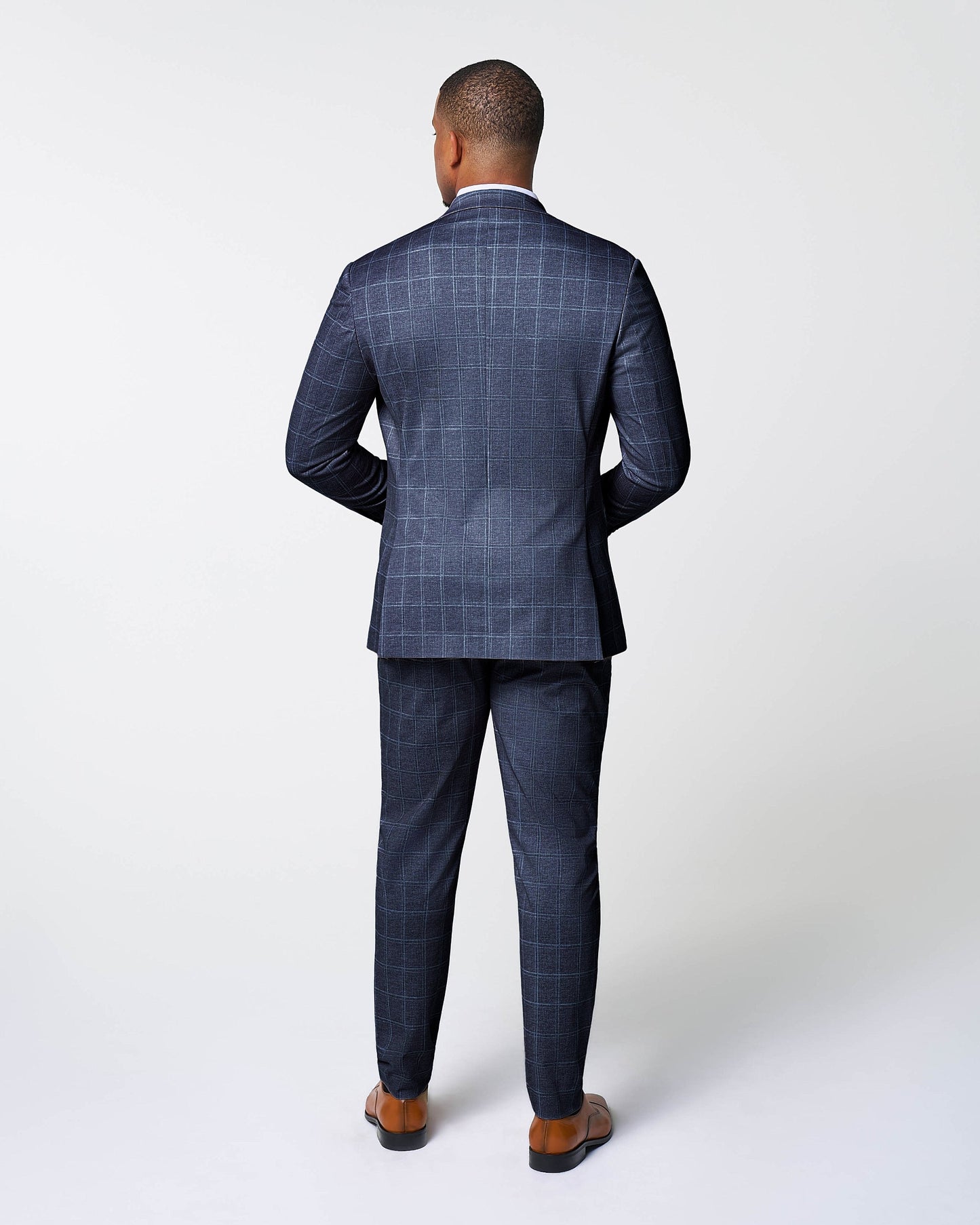Athletic Fit Stretch Suit Pants - Textured Navy with White Windowpane