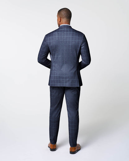 Athletic Fit Stretch Suit Pants - Textured Navy with White Windowpane