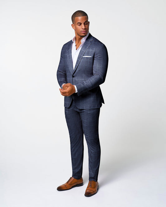 Athletic Fit Stretch Suit - Textured Navy with White Windowpane