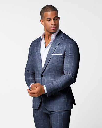 Athletic Fit Stretch Suit - Textured Navy with White Windowpane