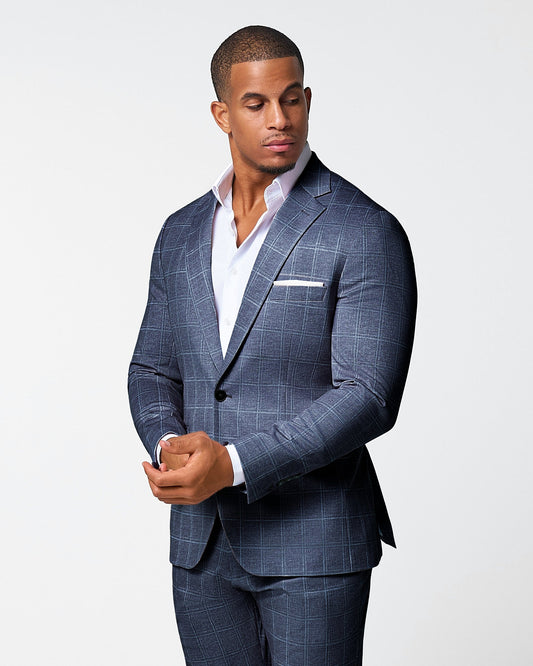 Athletic Fit Stretch Blazer - Textured Navy with White Windowpane
