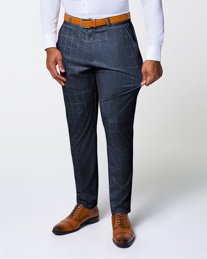 Athletic Fit Stretch Suit - Textured Navy with White Windowpane