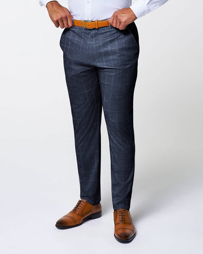 Athletic Fit Stretch Suit - Textured Navy with White Windowpane