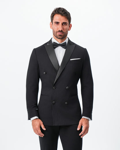 Athletic Fit Stretch Tuxedo Jacket - Double Breasted Solid Black with Peak Lapel
