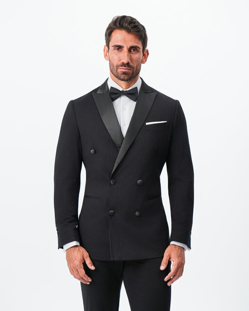 Athletic Fit Stretch Tuxedo Jacket - Double Breasted Solid Black with Peak Lapel