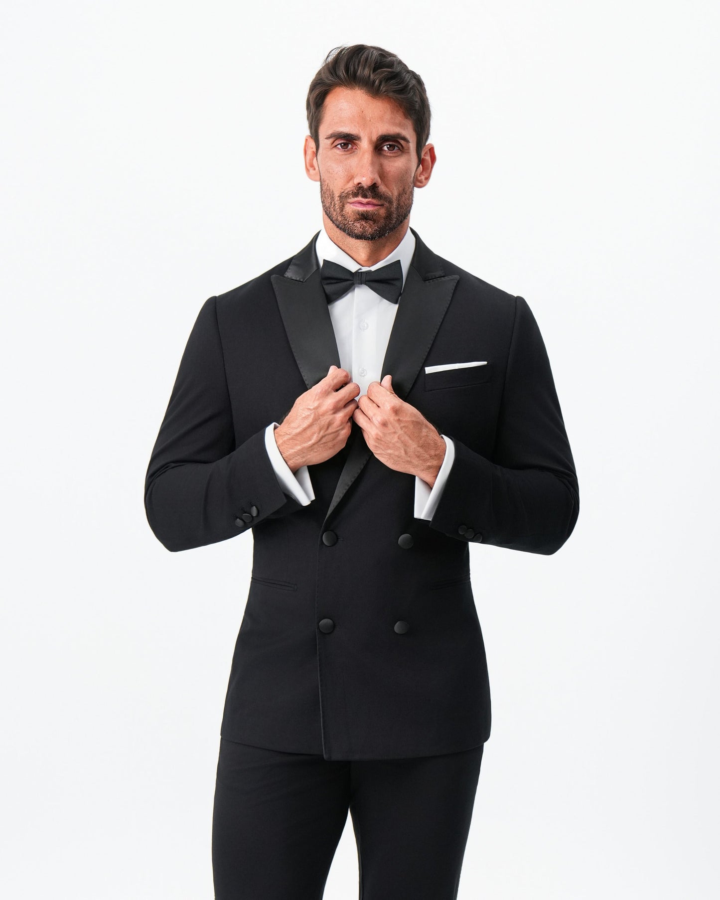 Athletic Fit Stretch Tuxedo Jacket - Double Breasted Solid Black with Peak Lapel