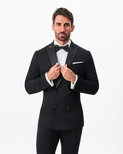 Athletic Fit Stretch Tuxedo Jacket - Double Breasted Solid Black with Peak Lapel