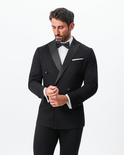 Athletic Fit Stretch Tuxedo Jacket - Double Breasted Solid Black with Peak Lapel