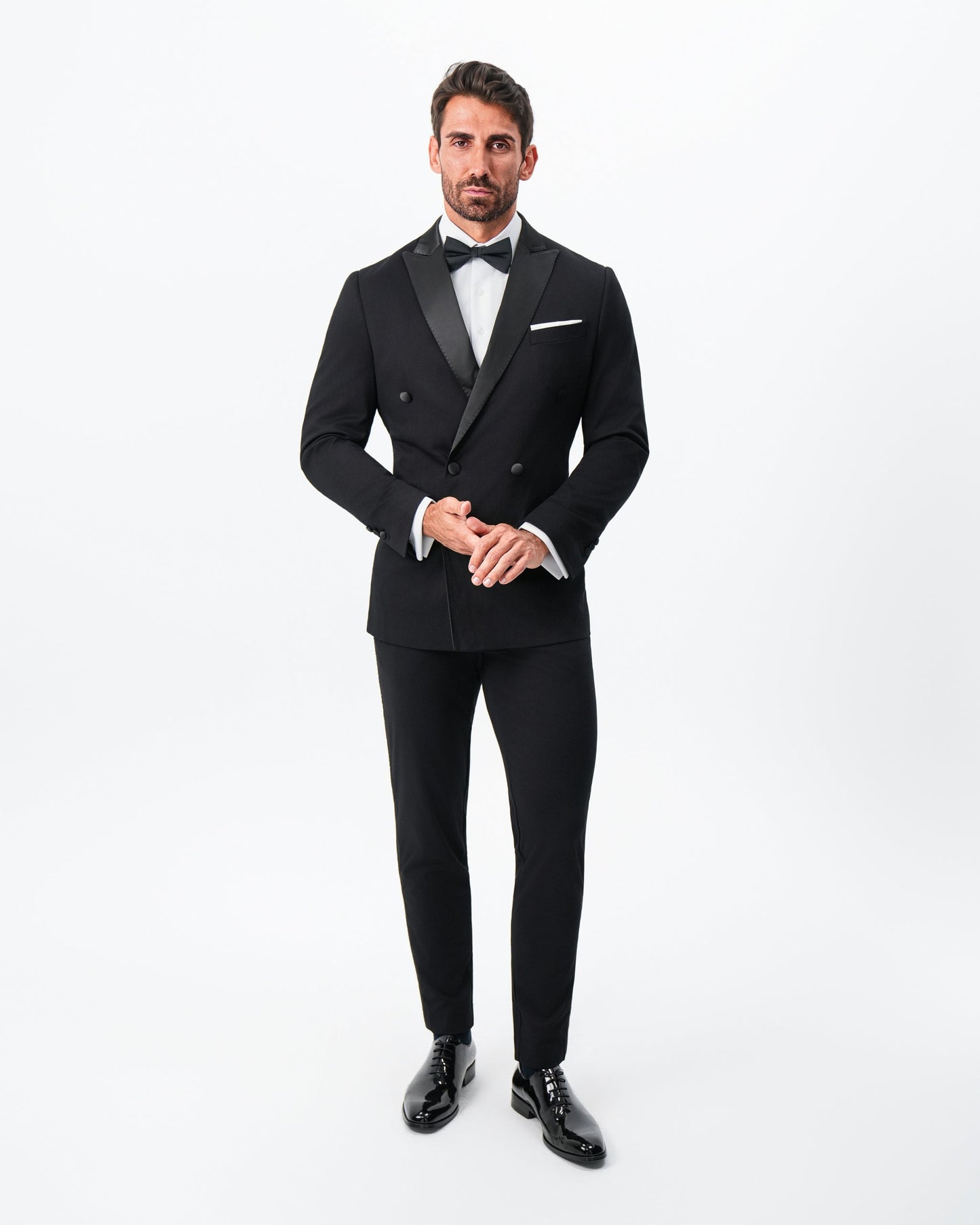 Athletic Fit Stretch Tuxedo Jacket - Double Breasted Solid Black with Peak Lapel