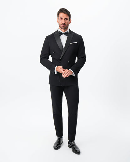 Athletic Fit Stretch Tuxedo Jacket - Double Breasted Solid Black with Peak Lapel