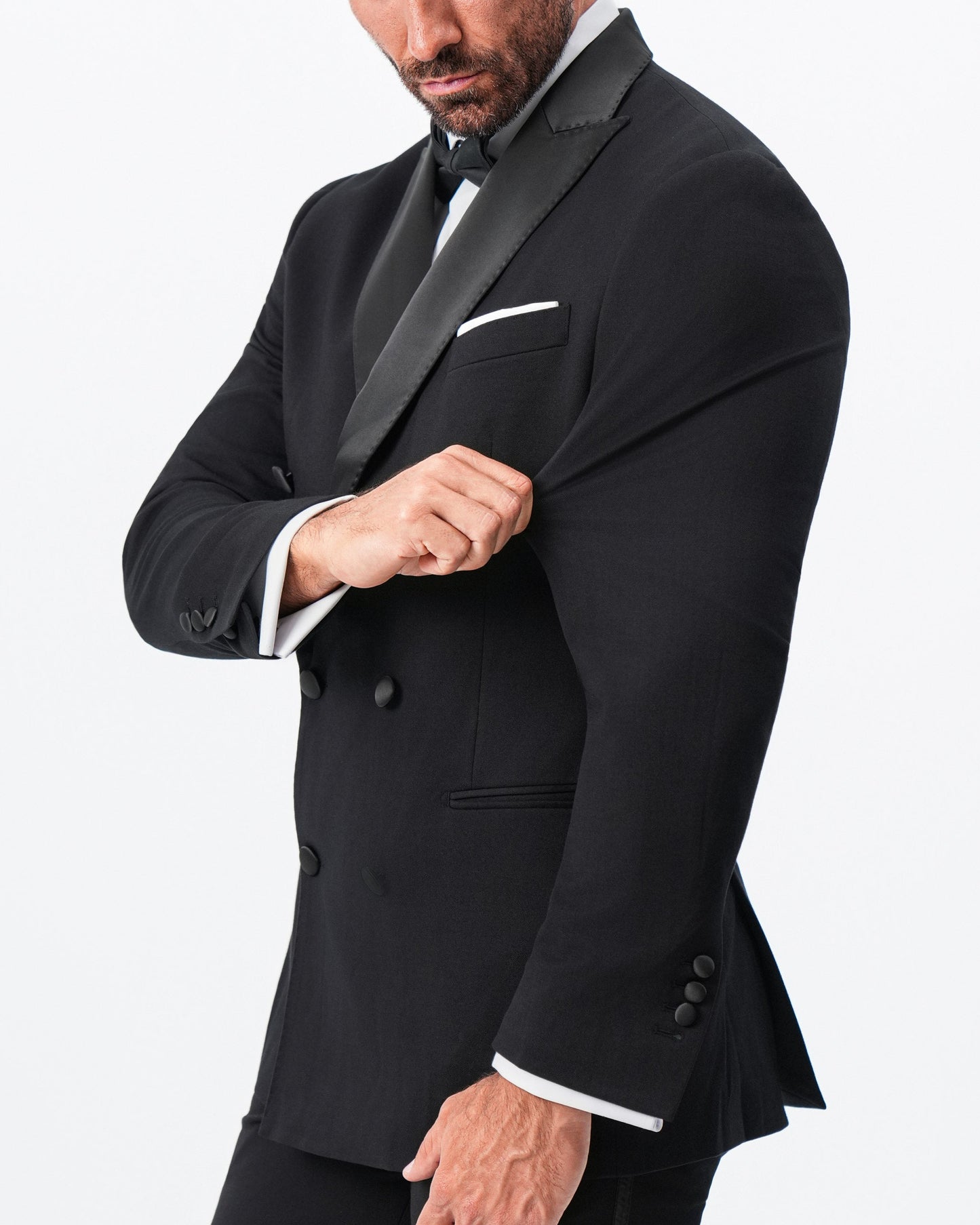 Athletic Fit Stretch Tuxedo Jacket - Double Breasted Solid Black with Peak Lapel